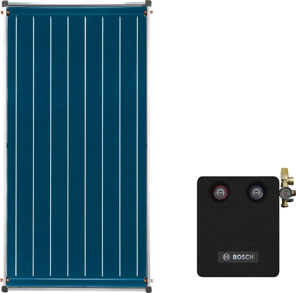 Solar-Kollektor in blau mit weißen Linien und zwei Anschlüssen unten. Rechts befindet sich ein schwarzes Bedienfeld von Bosch mit zwei Druckanzeigen.